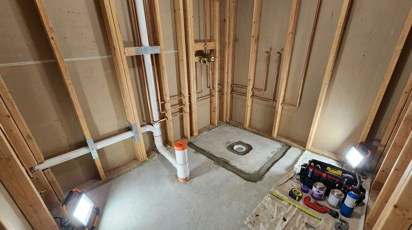 Bathroom rough-in plumbing during remodel by Johns Plumbing LLC in Isanti