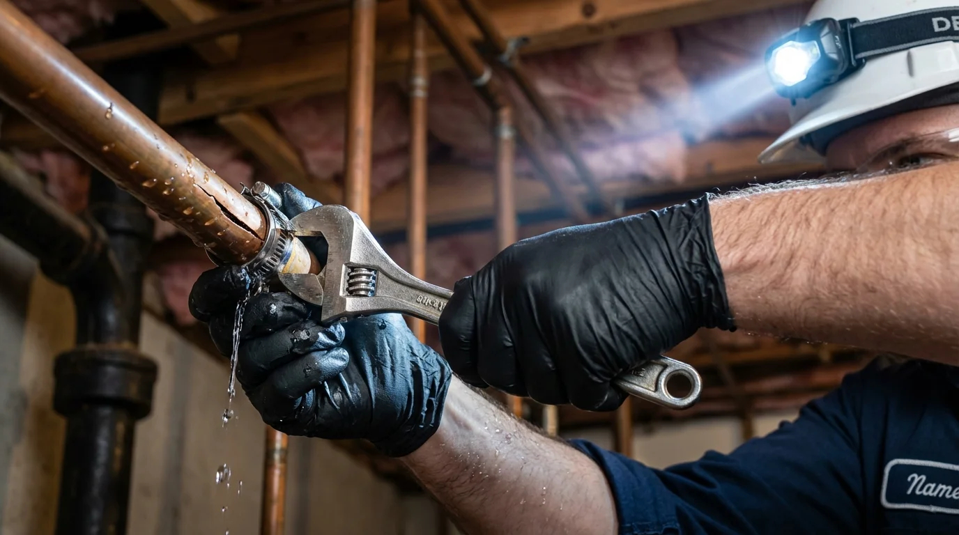 Emergency pipe clamp repair being performed by a Johns Plumbing LLC plumber in Isanti