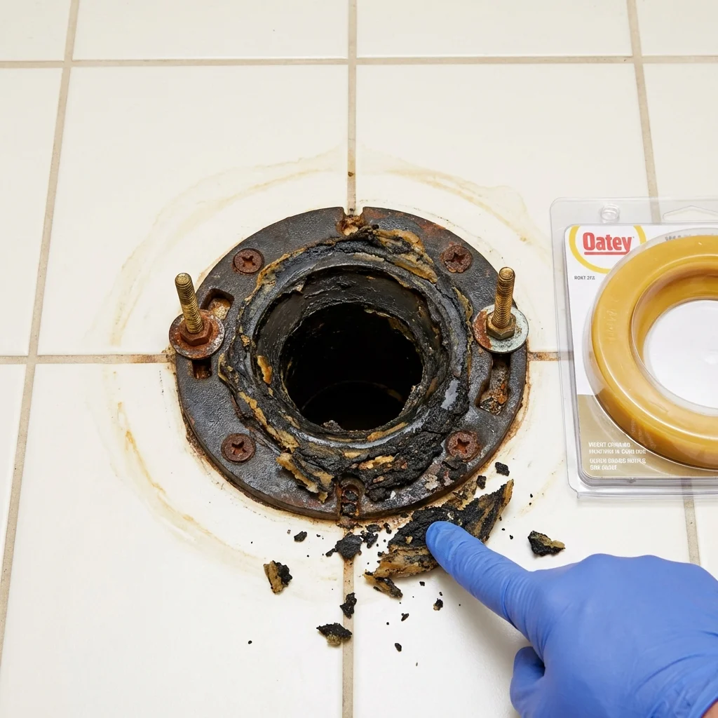 Failed wax ring showing water seepage at the base of a toilet in a Isanti, MN home