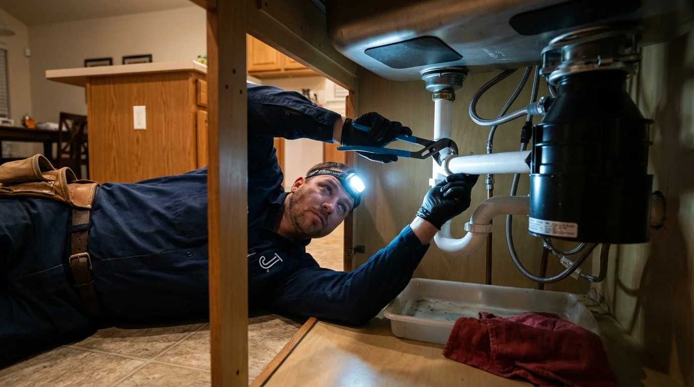 P-trap and supply line connections under a kitchen sink showing a common leak point in Isanti, MN